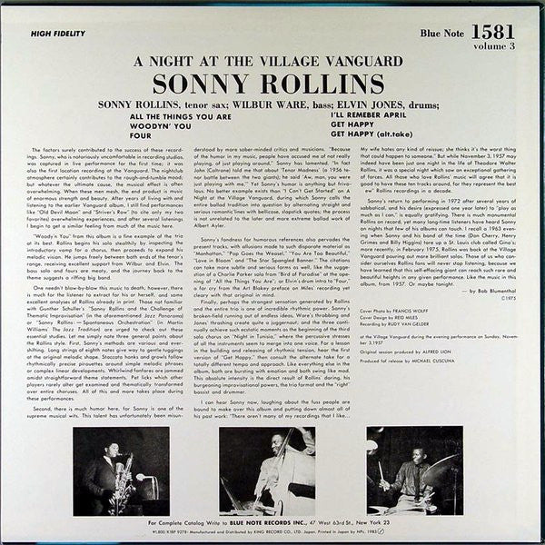 Sonny Rollins : A Night At The "Village Vanguard" Volume 3 (LP, Album, Mono)