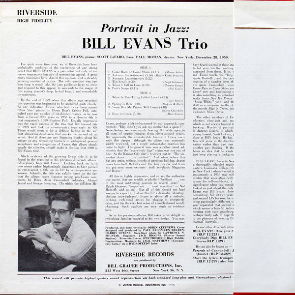 Bill Evans Trio* : Portrait In Jazz (LP, Album, RE)