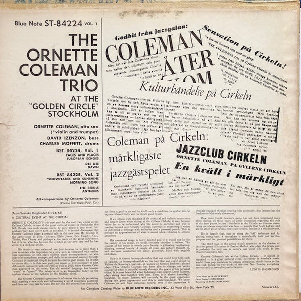 The Ornette Coleman Trio : At The "Golden Circle" Stockholm (Volume One) (LP, Album, RP)