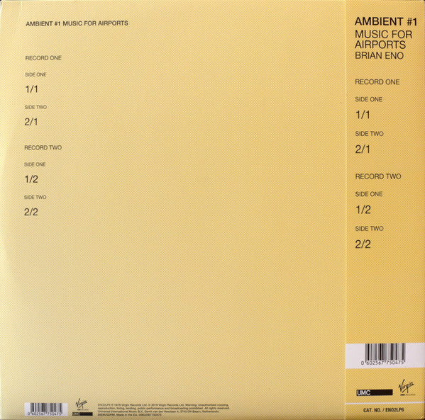 Brian Eno : Ambient 1 (Music For Airports) (2x12", Album, Ltd, RE, Hal)