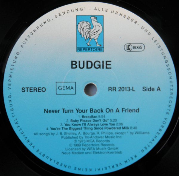 Budgie : Never Turn Your Back On A Friend (LP, Album, RE, Gat)
