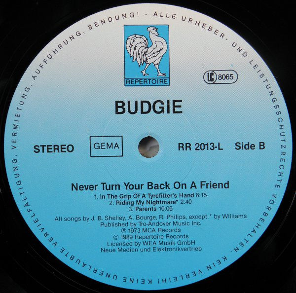 Budgie : Never Turn Your Back On A Friend (LP, Album, RE, Gat)