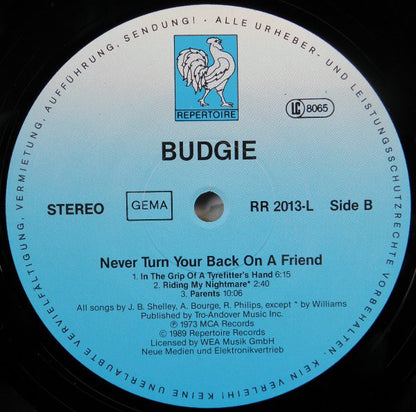 Budgie : Never Turn Your Back On A Friend (LP, Album, RE, Gat)