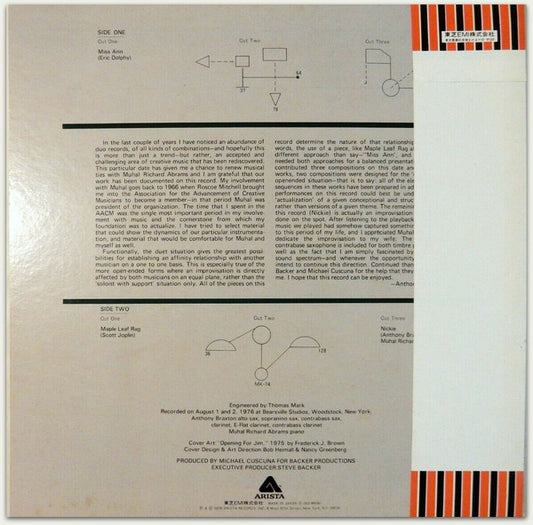 Anthony Braxton With Muhal Richard Abrams : Duets 1976 (LP, Album, Promo)