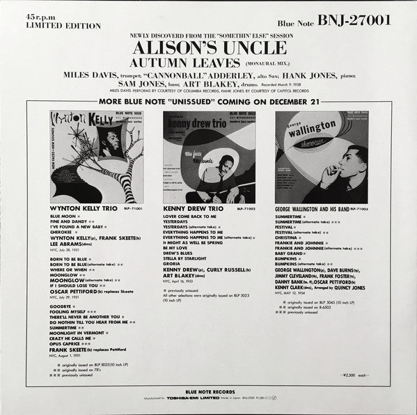 Cannonball Adderley : Alison's Uncle / Autumn Leaves (12", Single, Mono, Ltd)