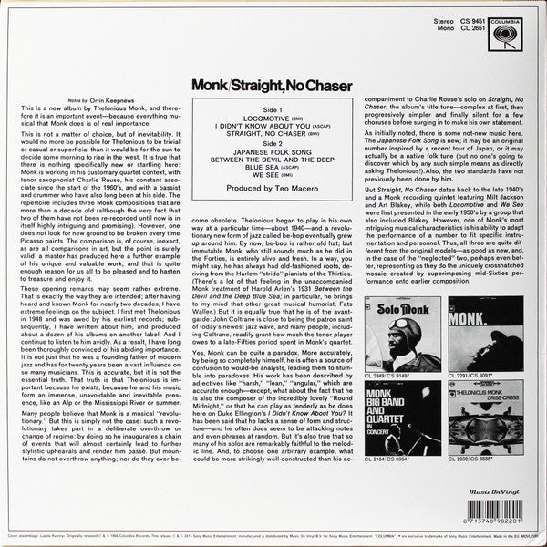 Thelonious Monk : Straight, No Chaser (LP, Album, RE, RM, 180)