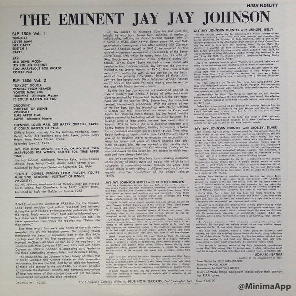 Jay Jay Johnson* : The Eminent Jay Jay Johnson Volume 1 (LP, Comp, Mono, RE)