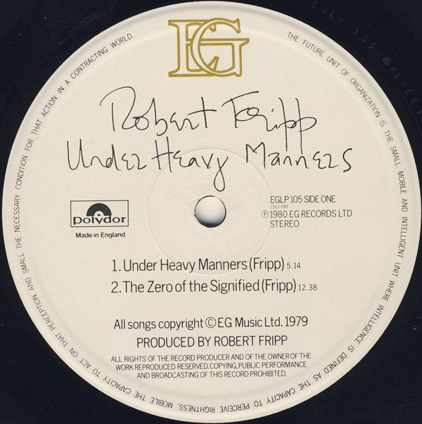 Robert Fripp : God Save The Queen / Under Heavy Manners (LP, Album)