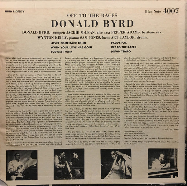 Donald Byrd : Off To The Races (LP, Album, RE)